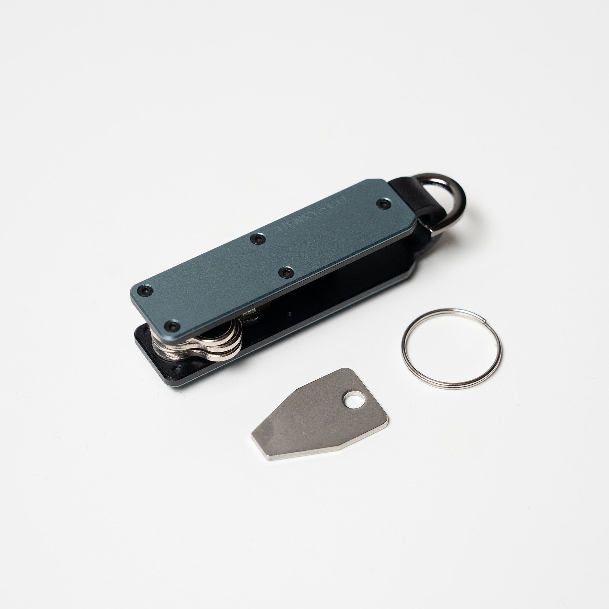 Vault Key Case in Steel Blue shown flat on white background