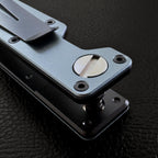 Steel Blue Vault Key Case close-up of mechanism on black leather
