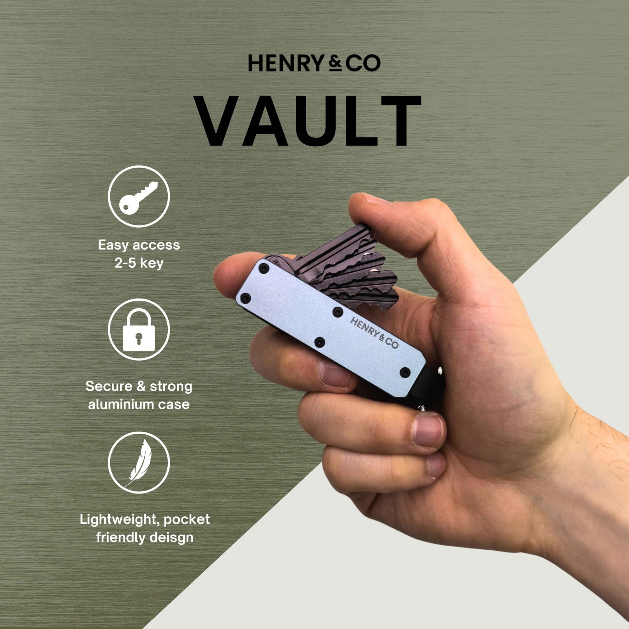 Vault Key Case in Steel Blue shown in promotional “Vault” graphic