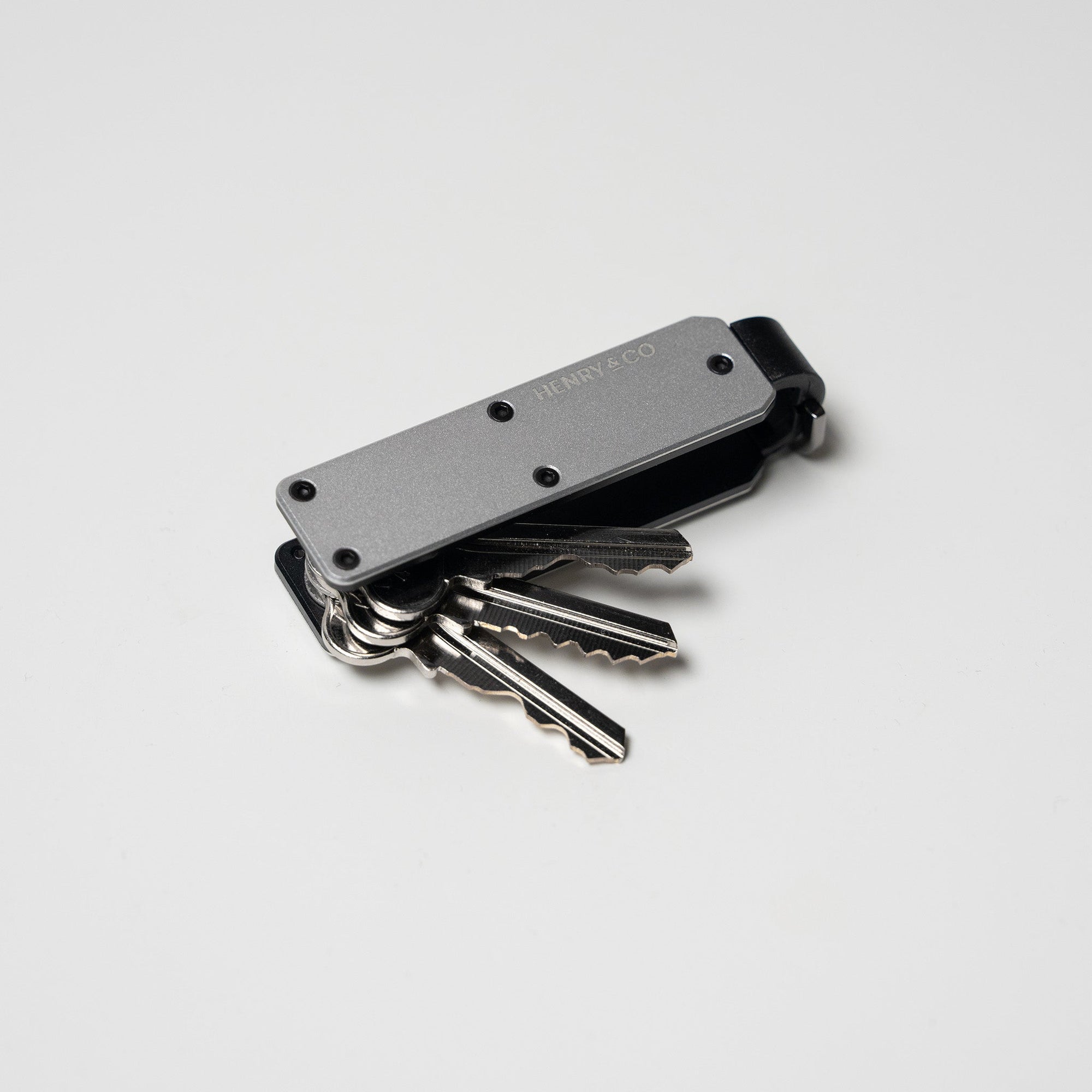 Platinum Vault Key Case with keys fanned out on white background