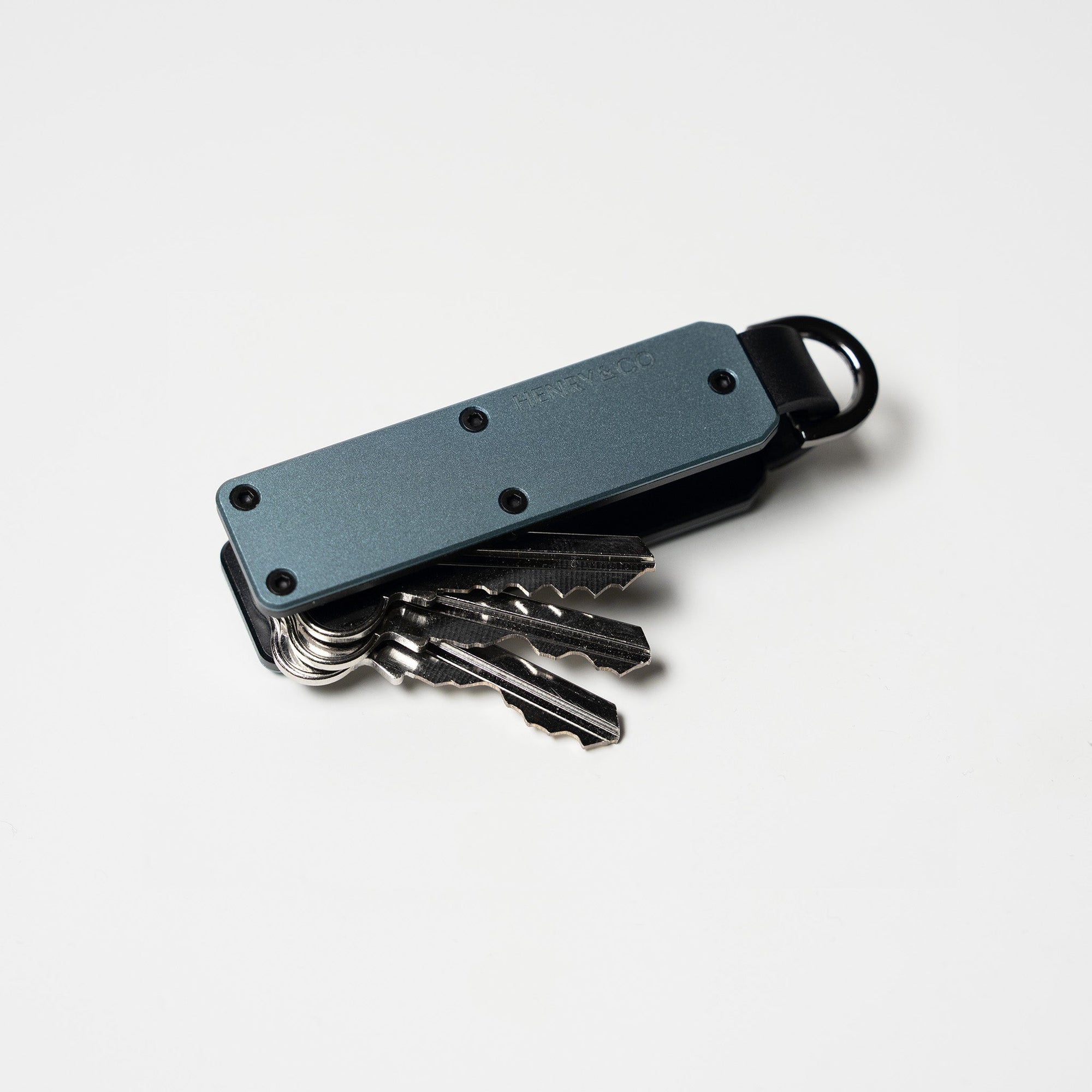 Steel Blue Vault Key Case with keys fanned out on white background